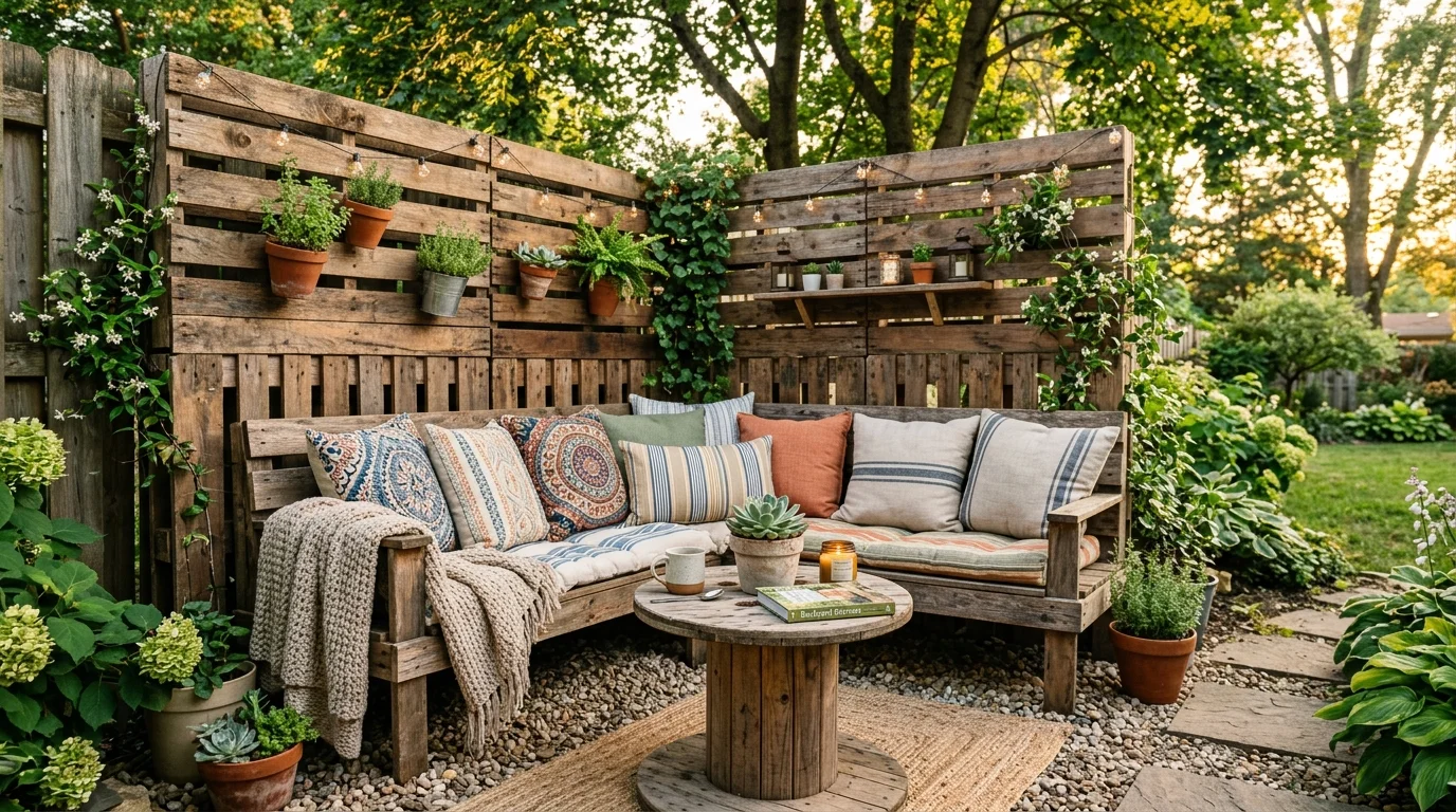 A pallet fence shaping a cozy outdoor seating nook.