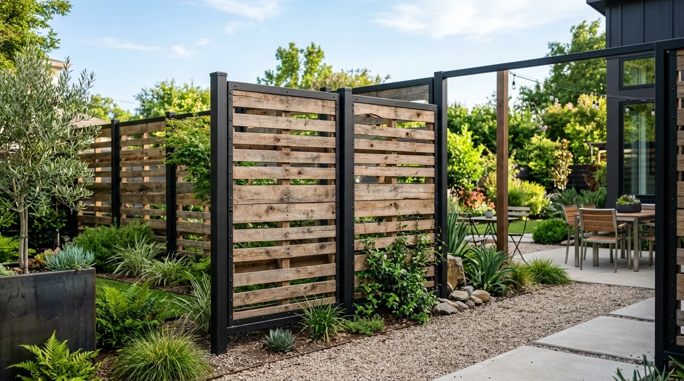 A mixed material pallet fence design that feels more custom and polished.