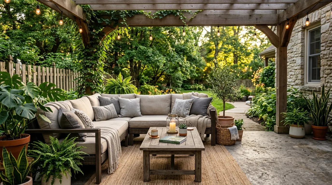 A cozy outdoor lounge patio styled to feel like an extension of the home.