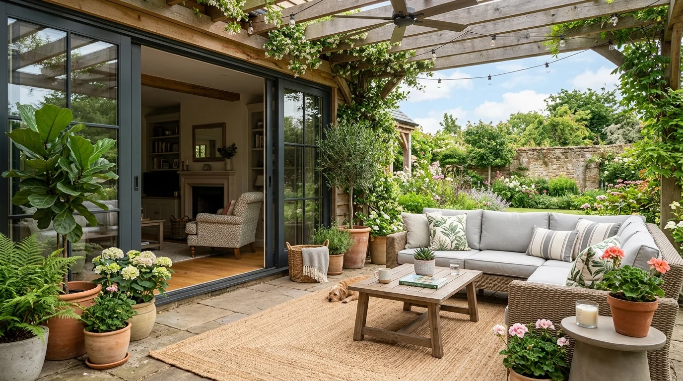An indoor-outdoor transition patio styled to feel connected to the home.