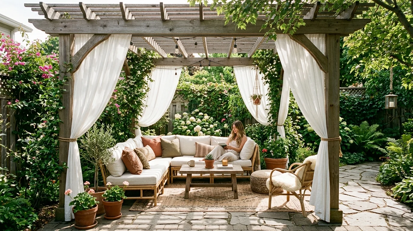 A patio with pergola and drapes creating an elegant outdoor room effect.