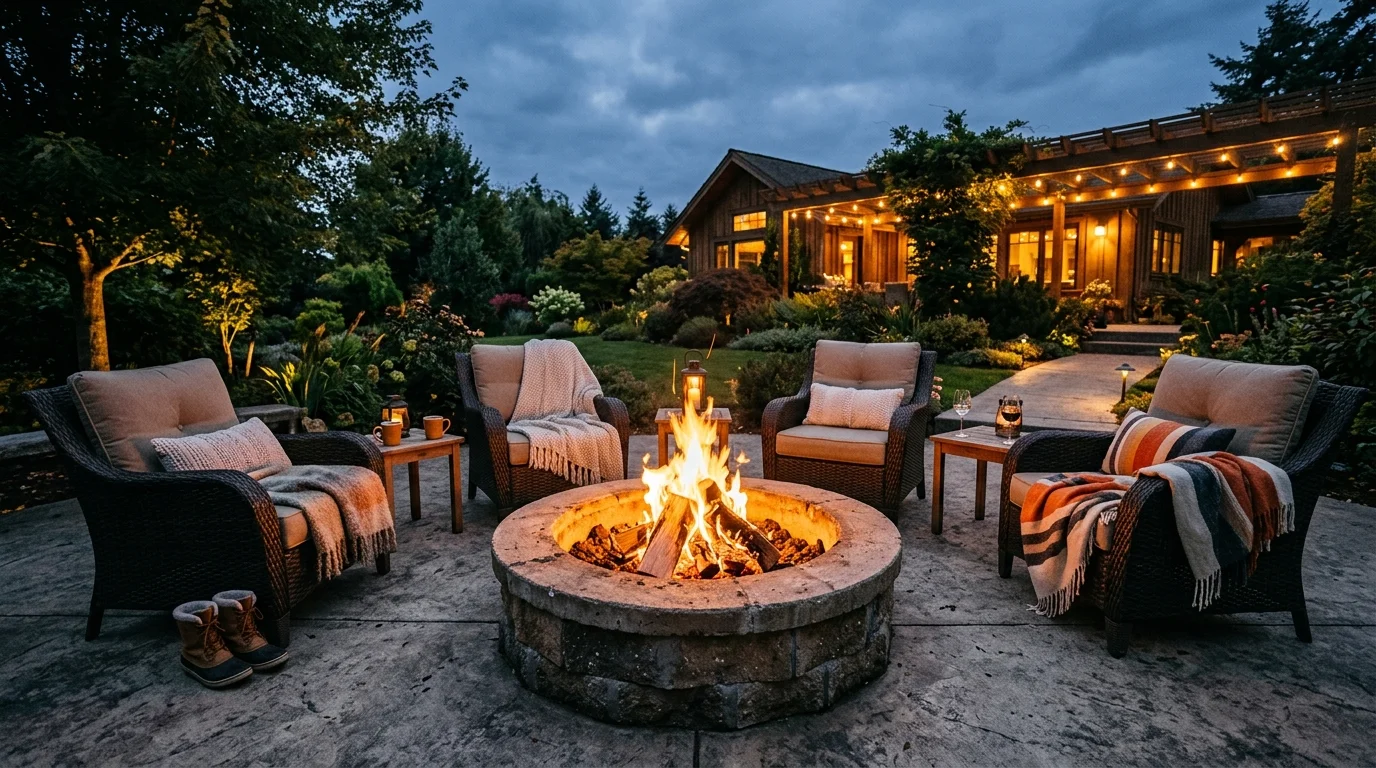 A fire pit patio setup creating warmth and a strong social focal point.