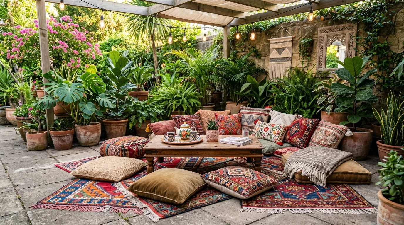 A colorful boho patio using layered decor to transform a plain slab.