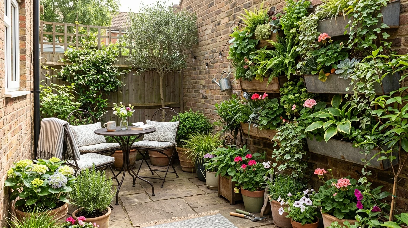 A small patio with a vertical garden adding greenery without using floor space.
