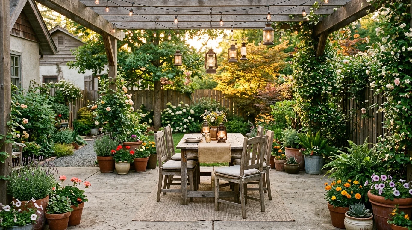 A rustic farmhouse patio adding warmth and texture to a plain concrete slab.