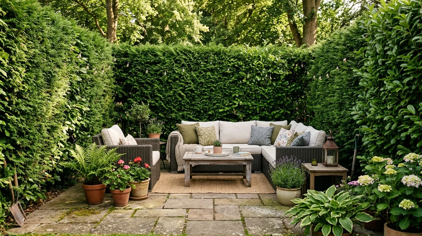 A tall hedge privacy wall creating a secluded patio.