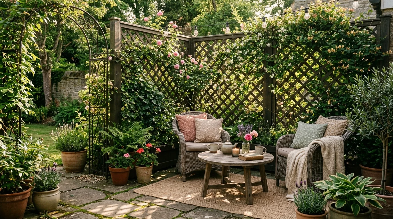 Decorative lattice panels bringing privacy to a patio.