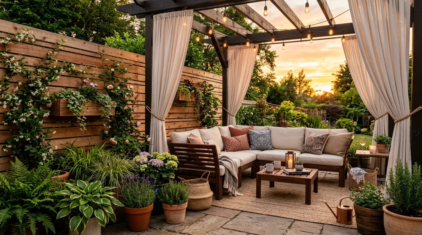 Mixed privacy layers creating a calm patio zone.