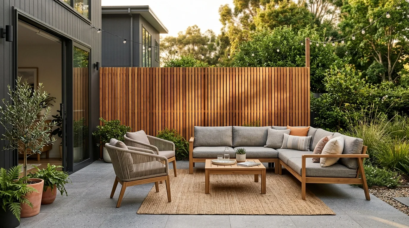 A wooden slat privacy screen defining a patio zone.