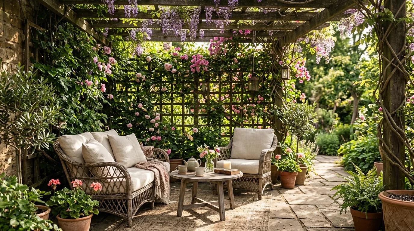 A climbing plant trellis used as a patio privacy layer.
