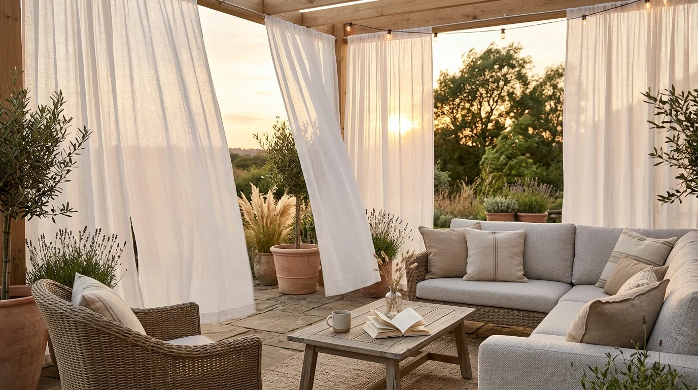 Outdoor curtain privacy creating a soft patio enclosure.