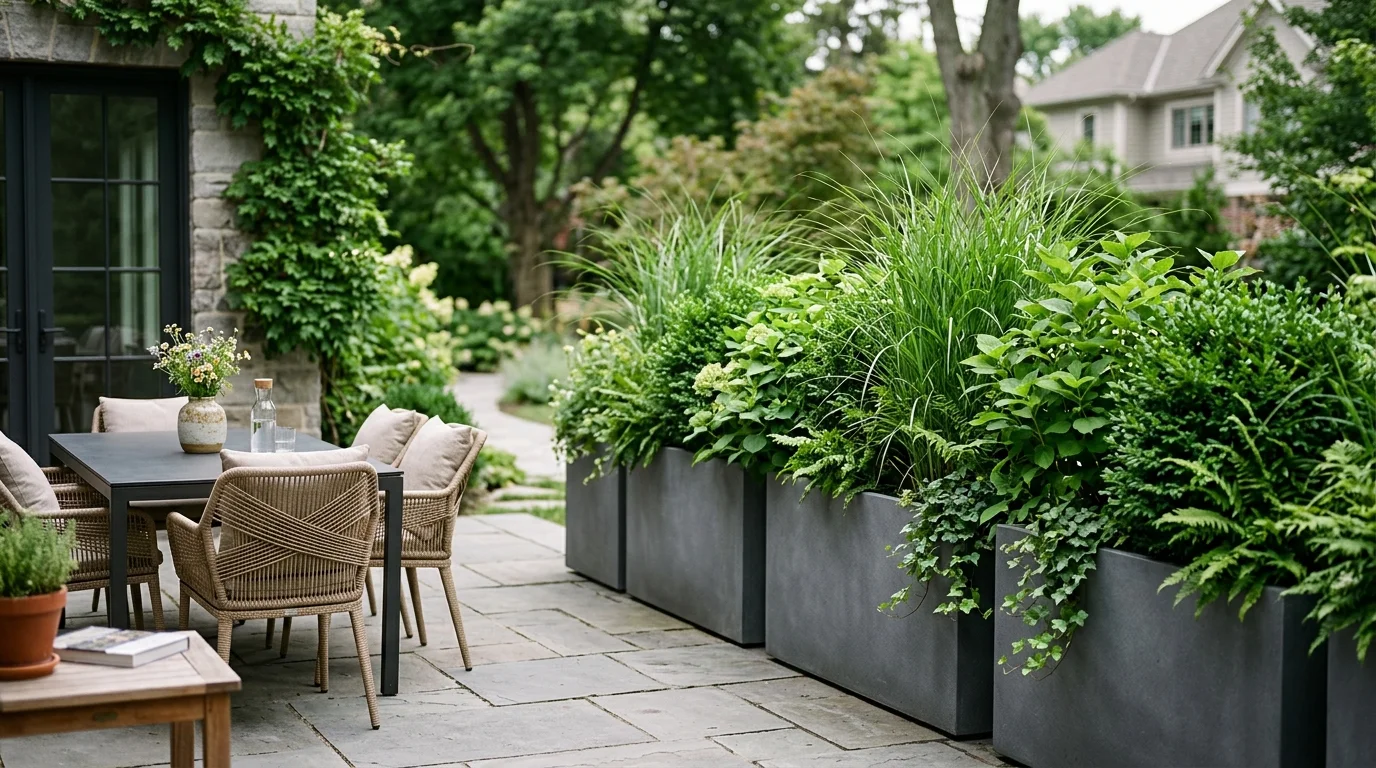 A potted plant divider forming a soft patio boundary.