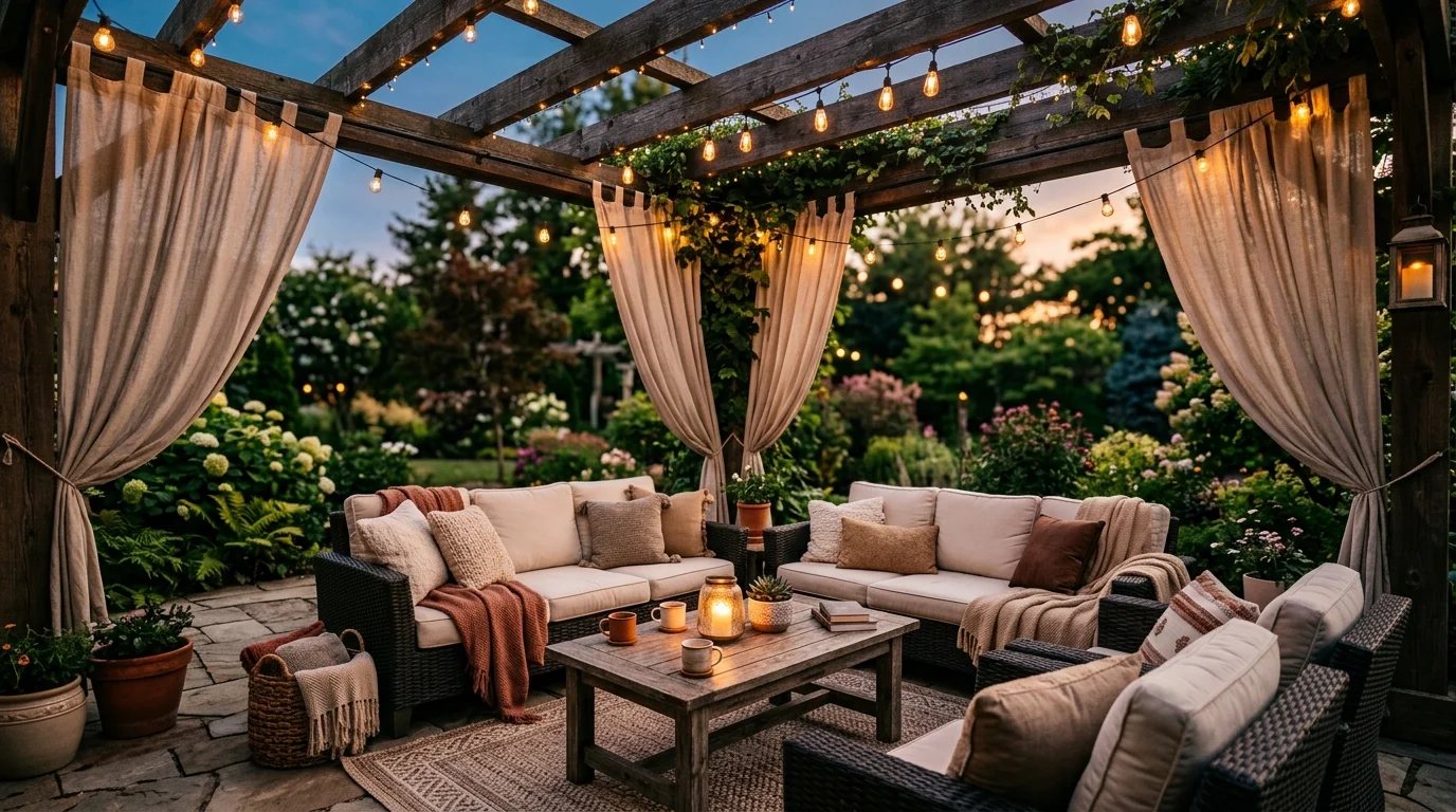 A pergola with drapes creating a private seating area.