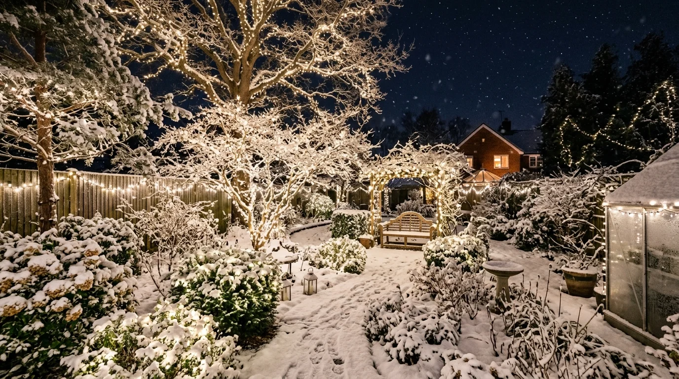 A twinkling fairy light garden at night.