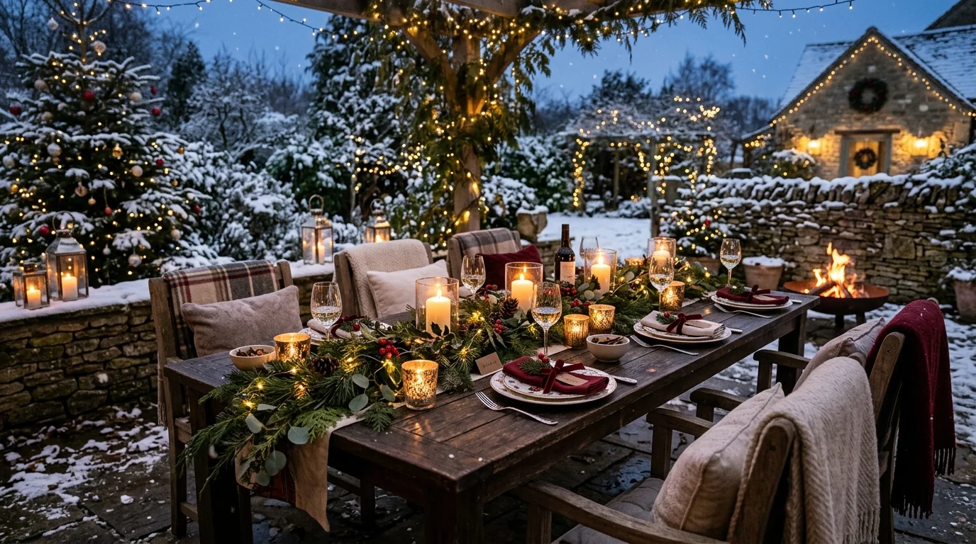 An outdoor dining Christmas garden setup.