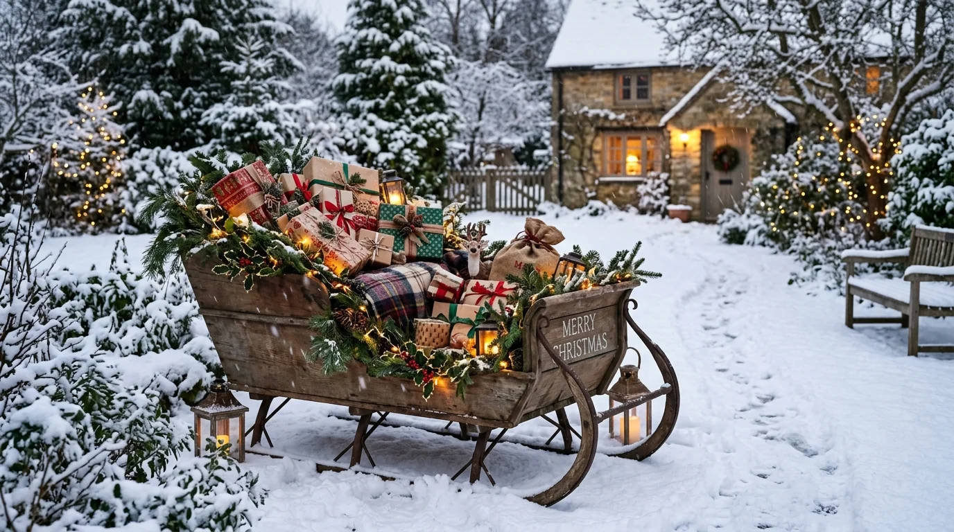 A rustic wooden sleigh decorated for Christmas.