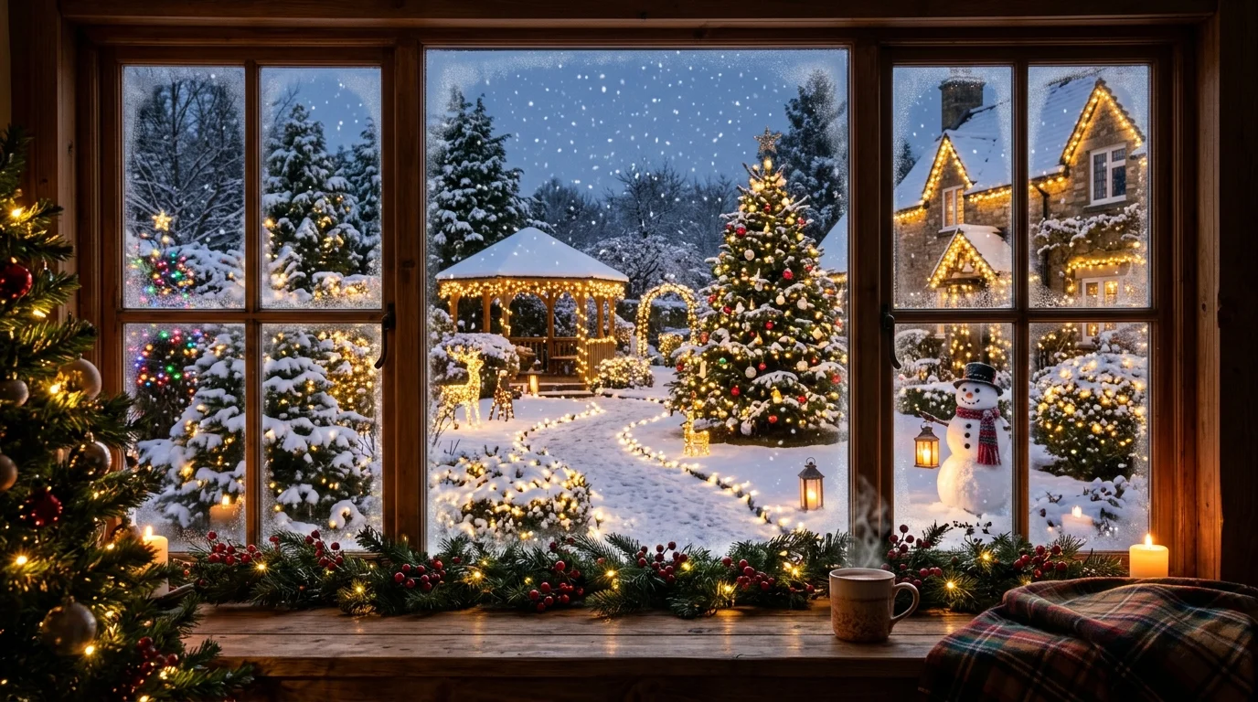 A frosted window view in a Christmas garden.