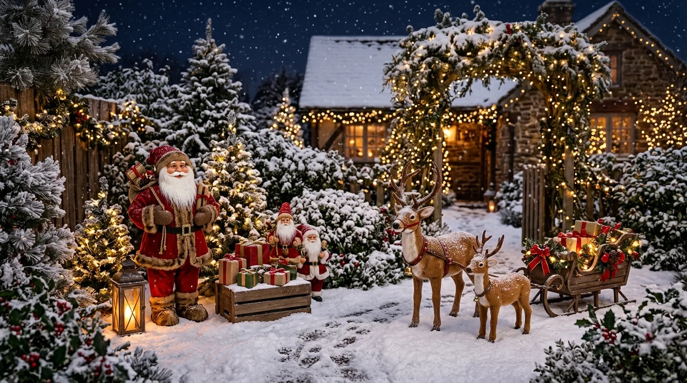 A Santa garden corner display with festive decor.
