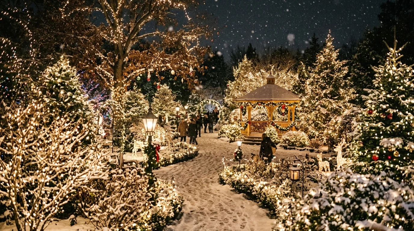A magical snowfall garden night scene.