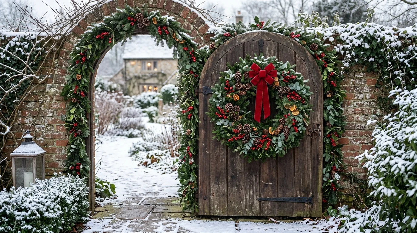 A Christmas wreath on a garden gate.