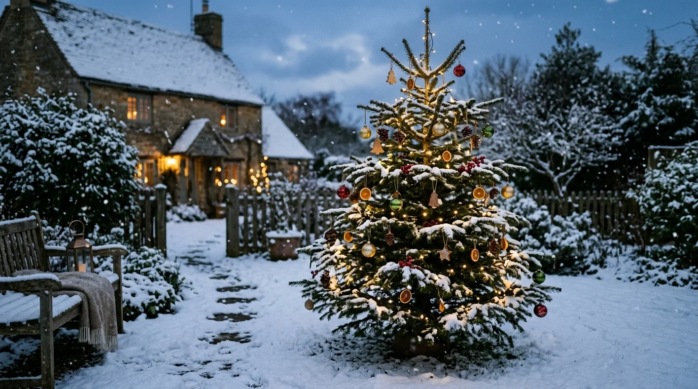 An outdoor Christmas tree set in the garden.