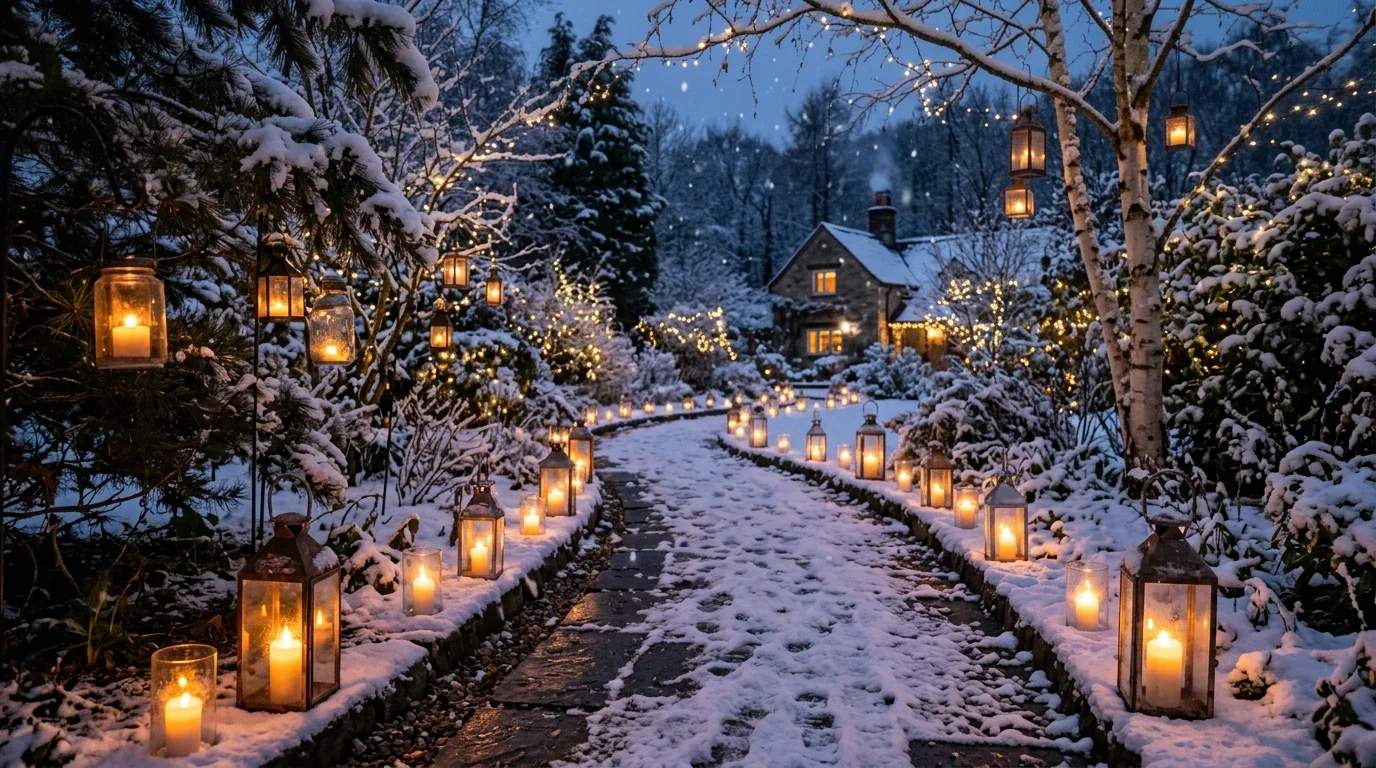 A lantern-lit pathway in a Christmas garden.