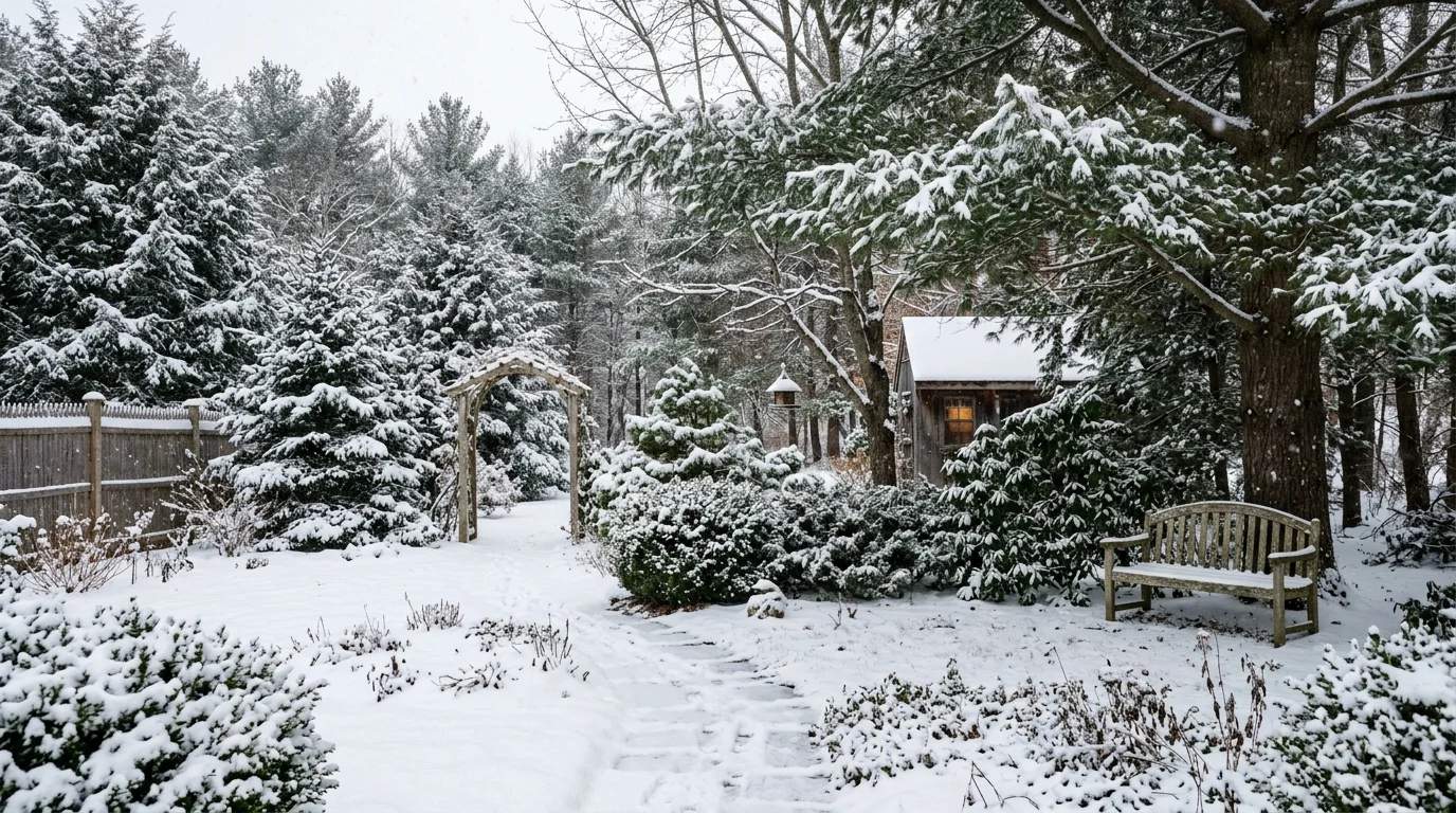 A snowy evergreen garden scene.