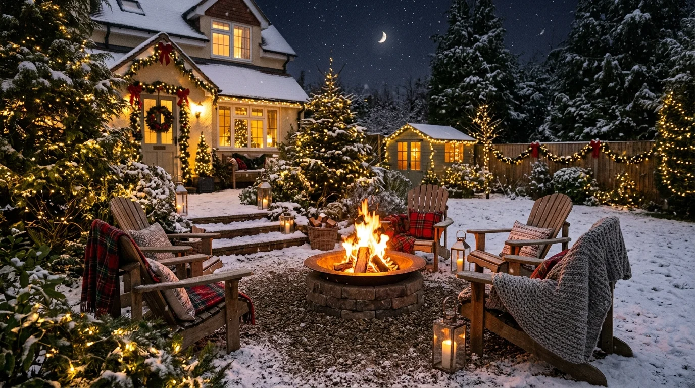 A cozy fire pit Christmas setup.