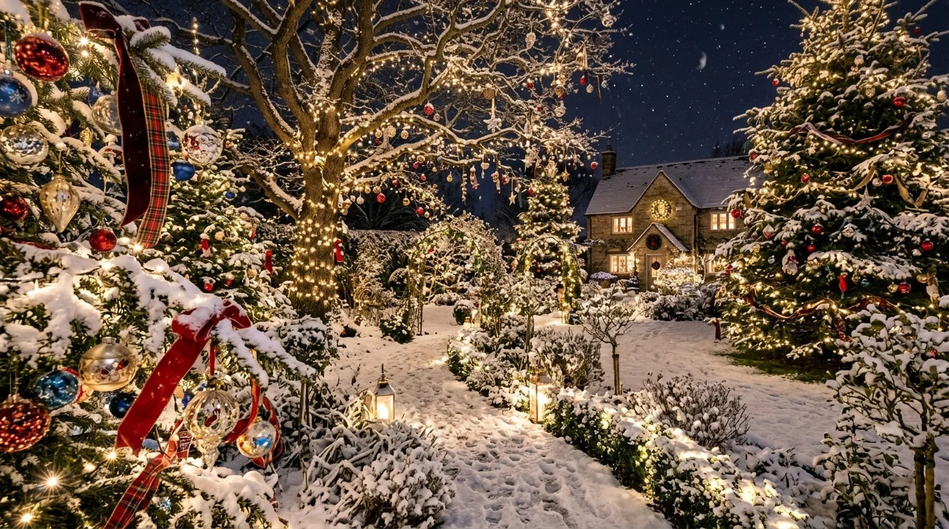 Hanging ornament trees in a garden.