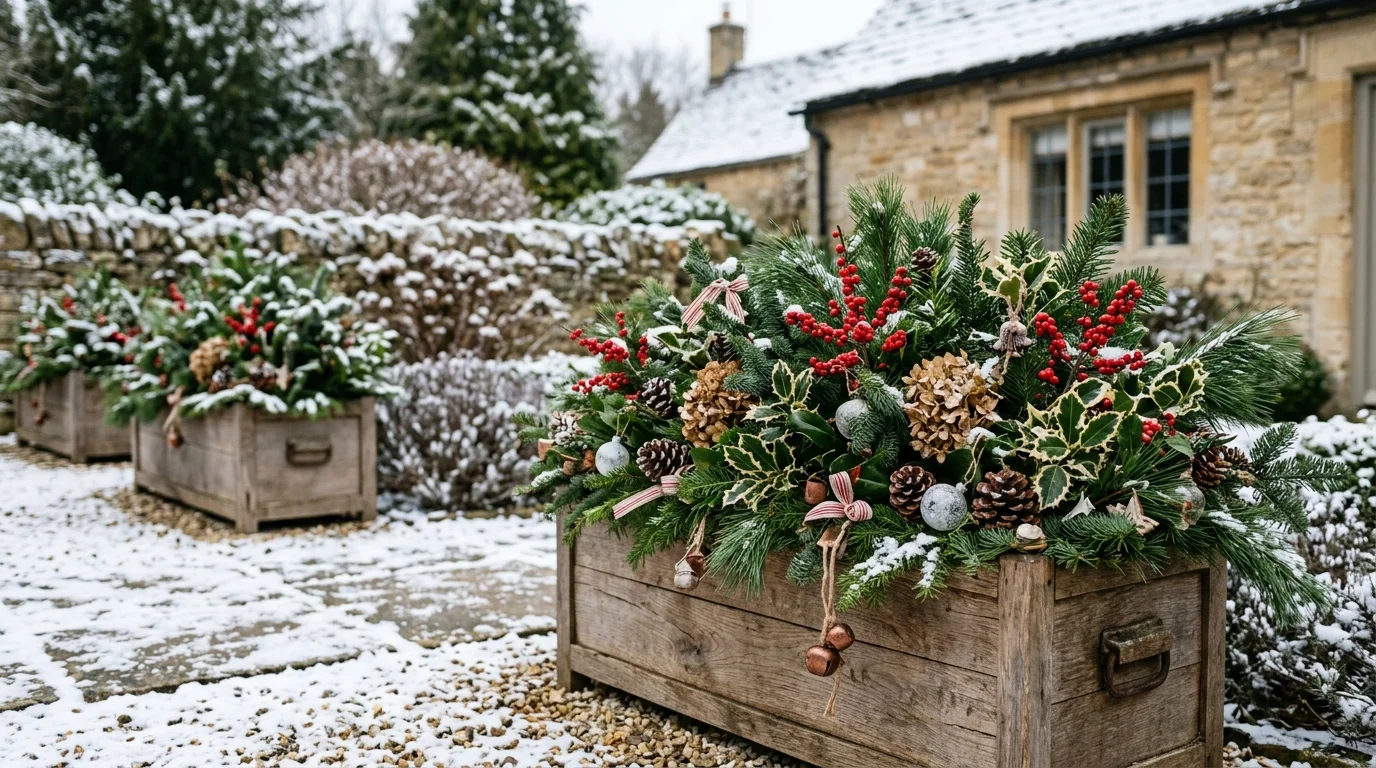 Festive planter boxes with evergreen decor.