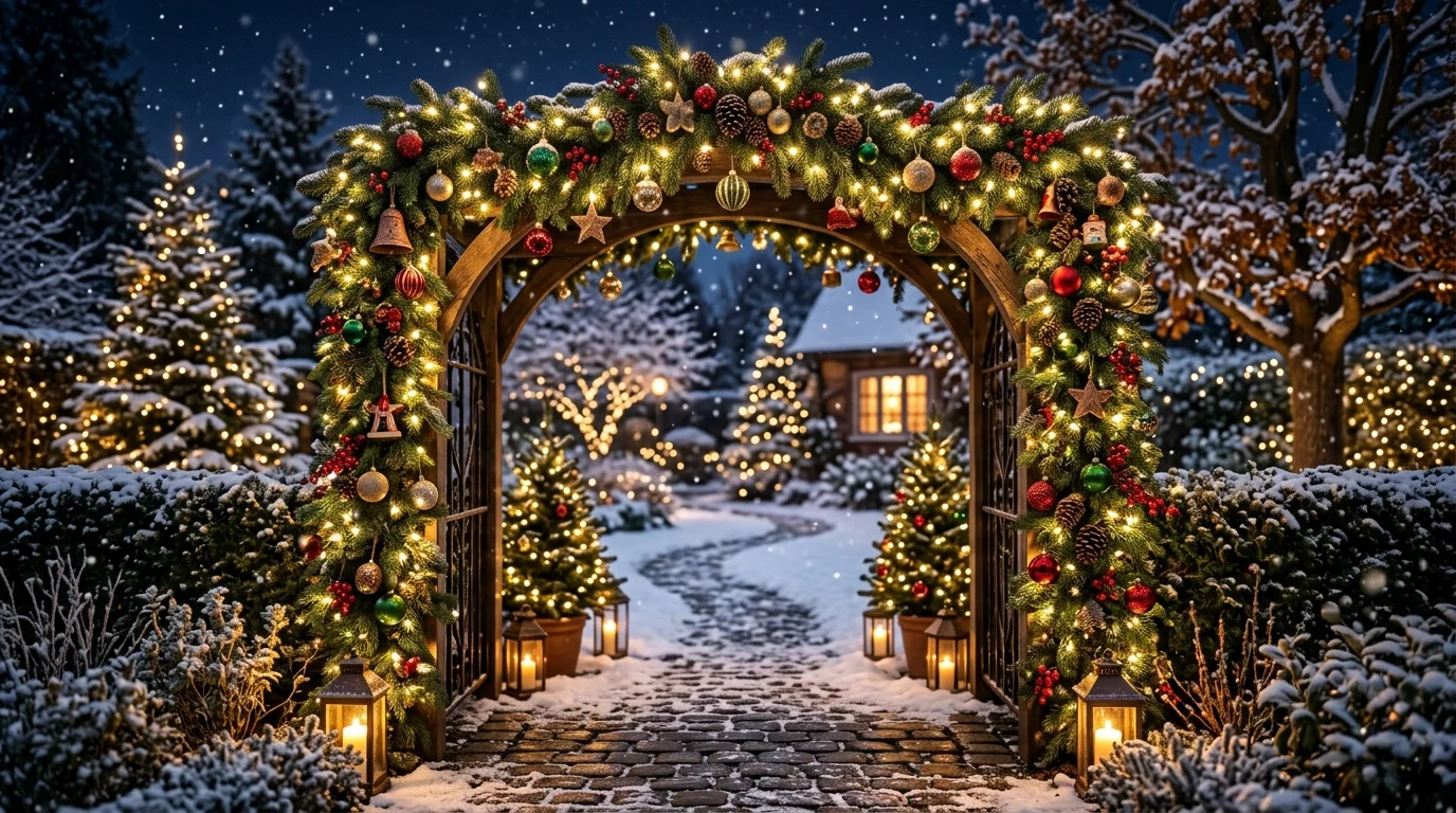 A Christmas garden archway with garland and lights.