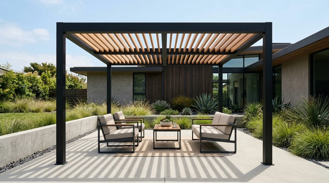 A modern minimalist pergola redefining the look of outdoor living.