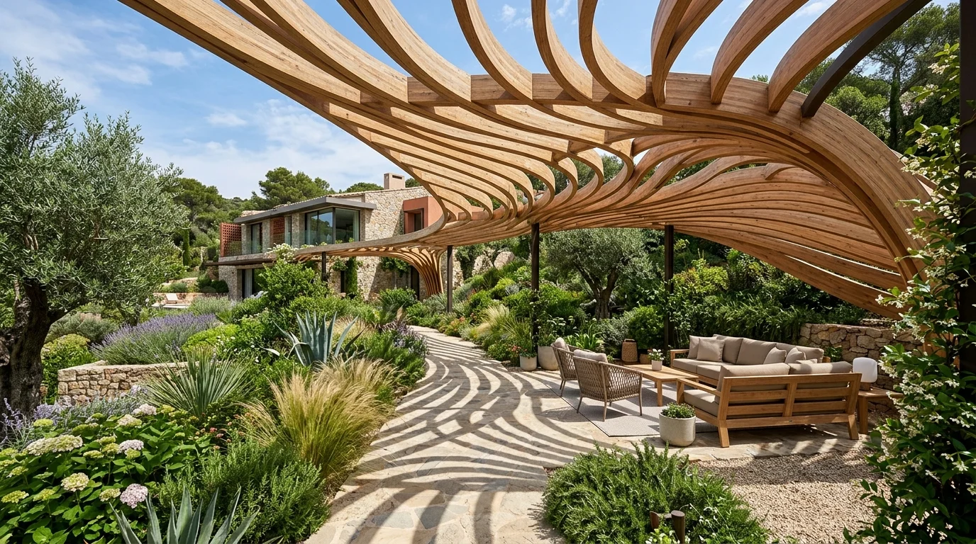 A curved architectural pergola redefining the look of a backyard space.