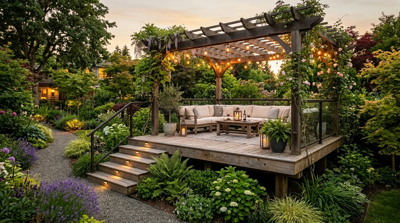 A floating pergola deck creating a defined outdoor living room.