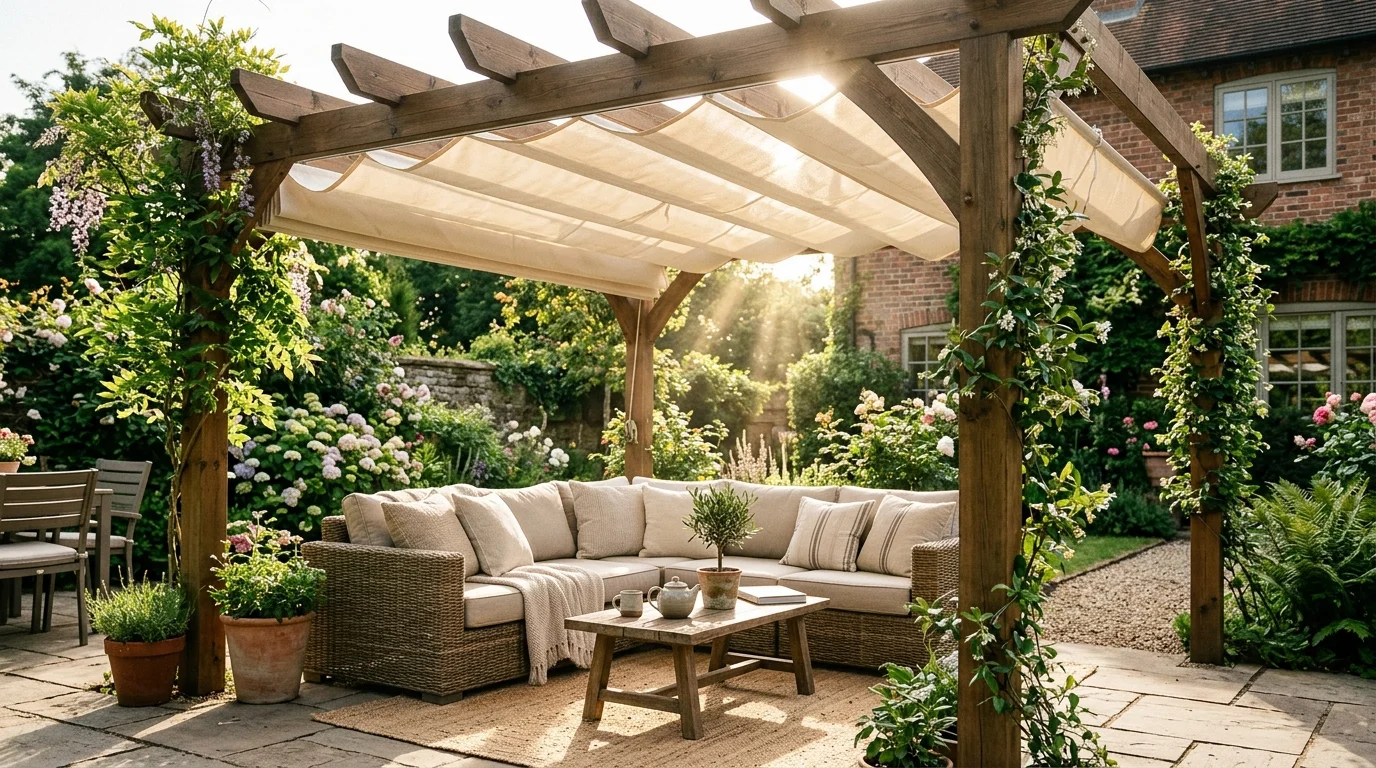 A pergola with a retractable canopy designed for flexible shade.