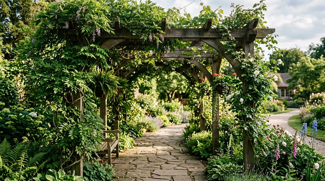 A lush green pergola covered in vines and layered garden growth.