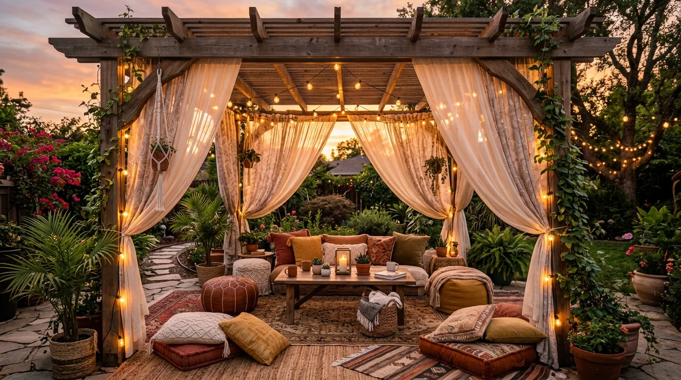 A bohemian pergola lounge with layered seating and relaxed styling.