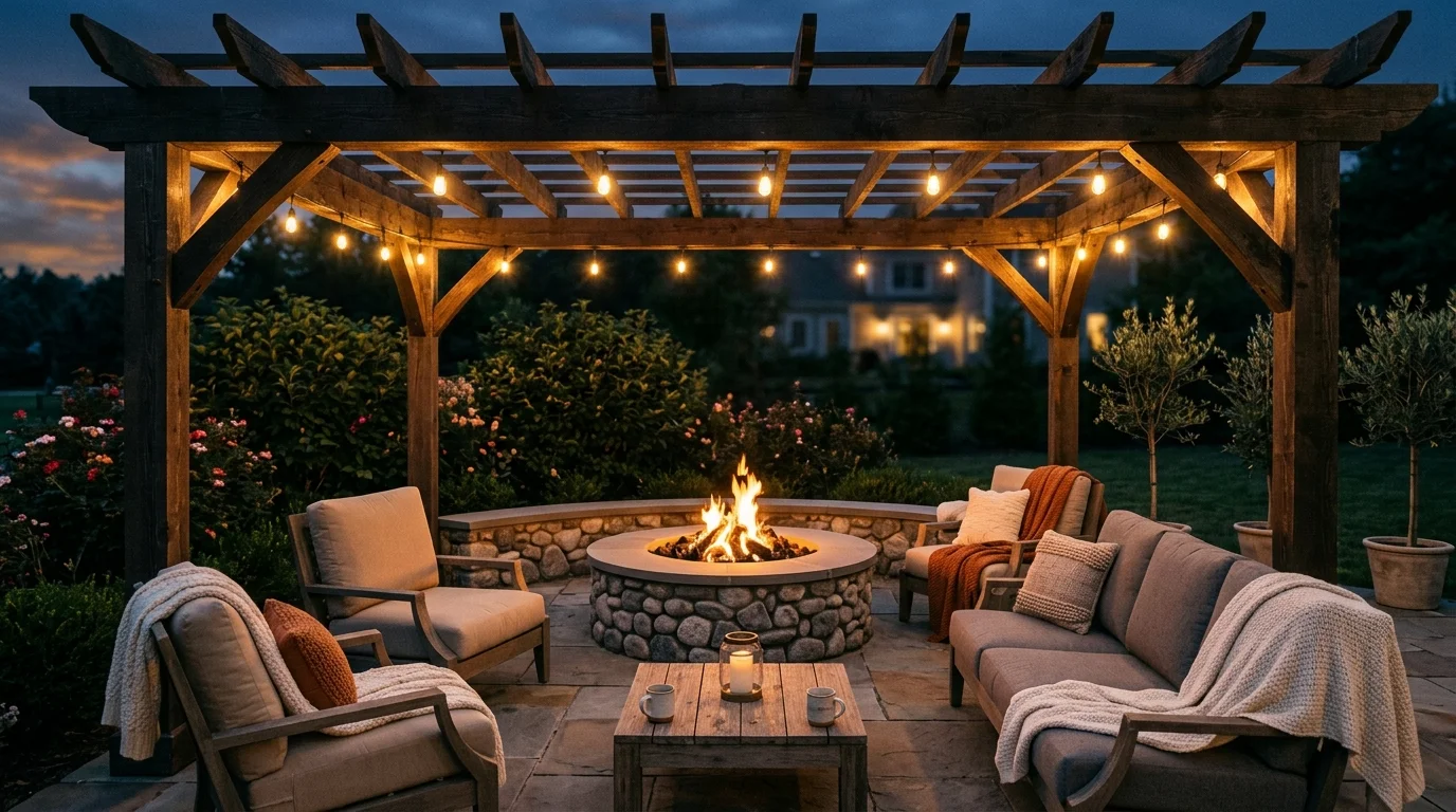 A pergola designed around a built-in fire pit gathering area.