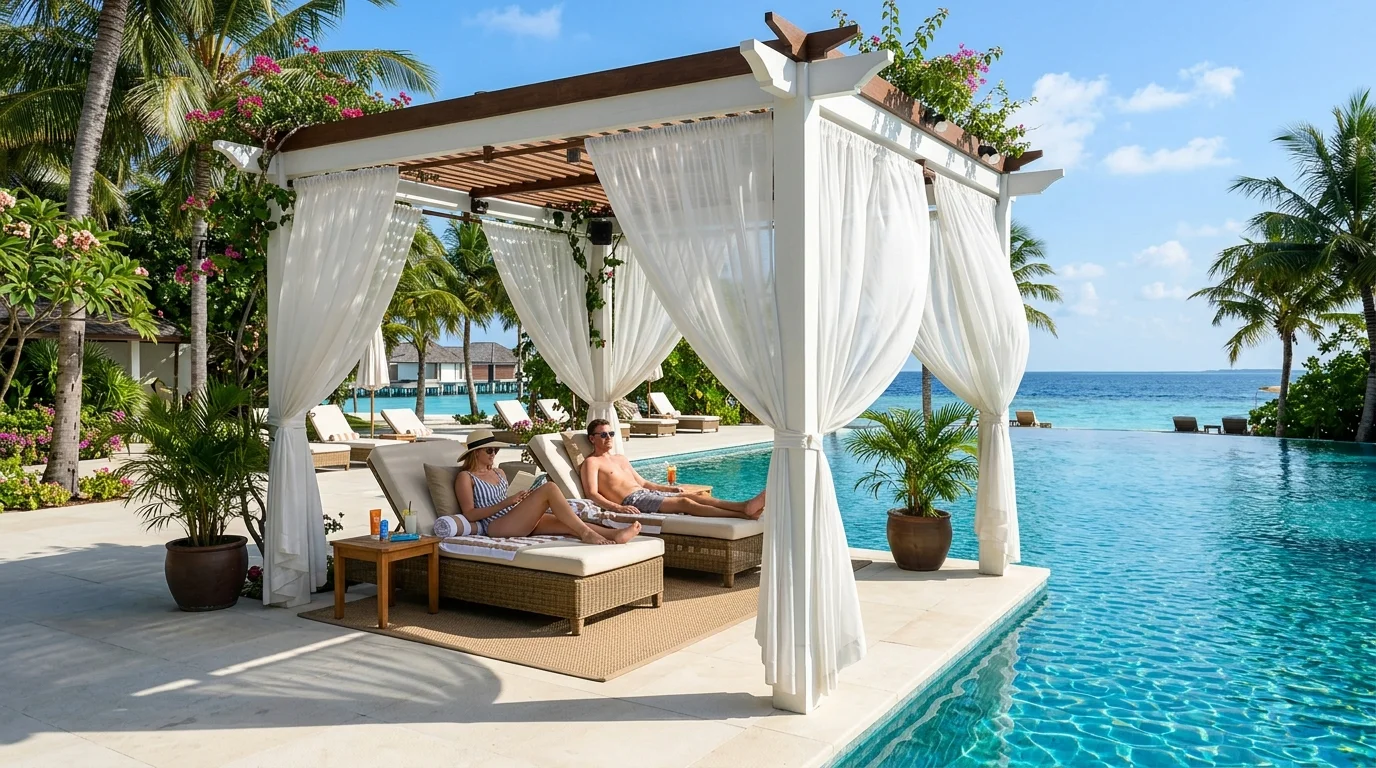 A poolside luxury pergola defining an elegant outdoor retreat.