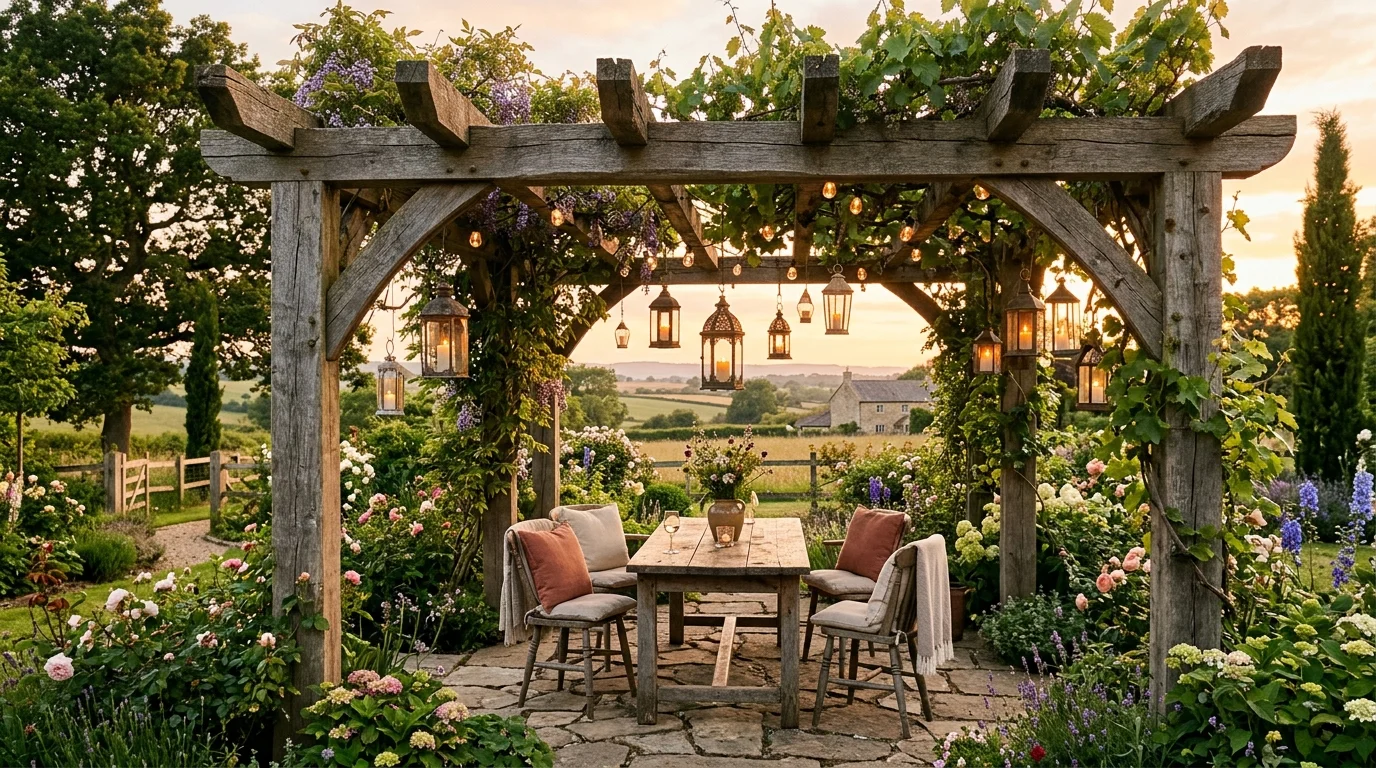 A rustic wooden pergola retreat with warm natural character.