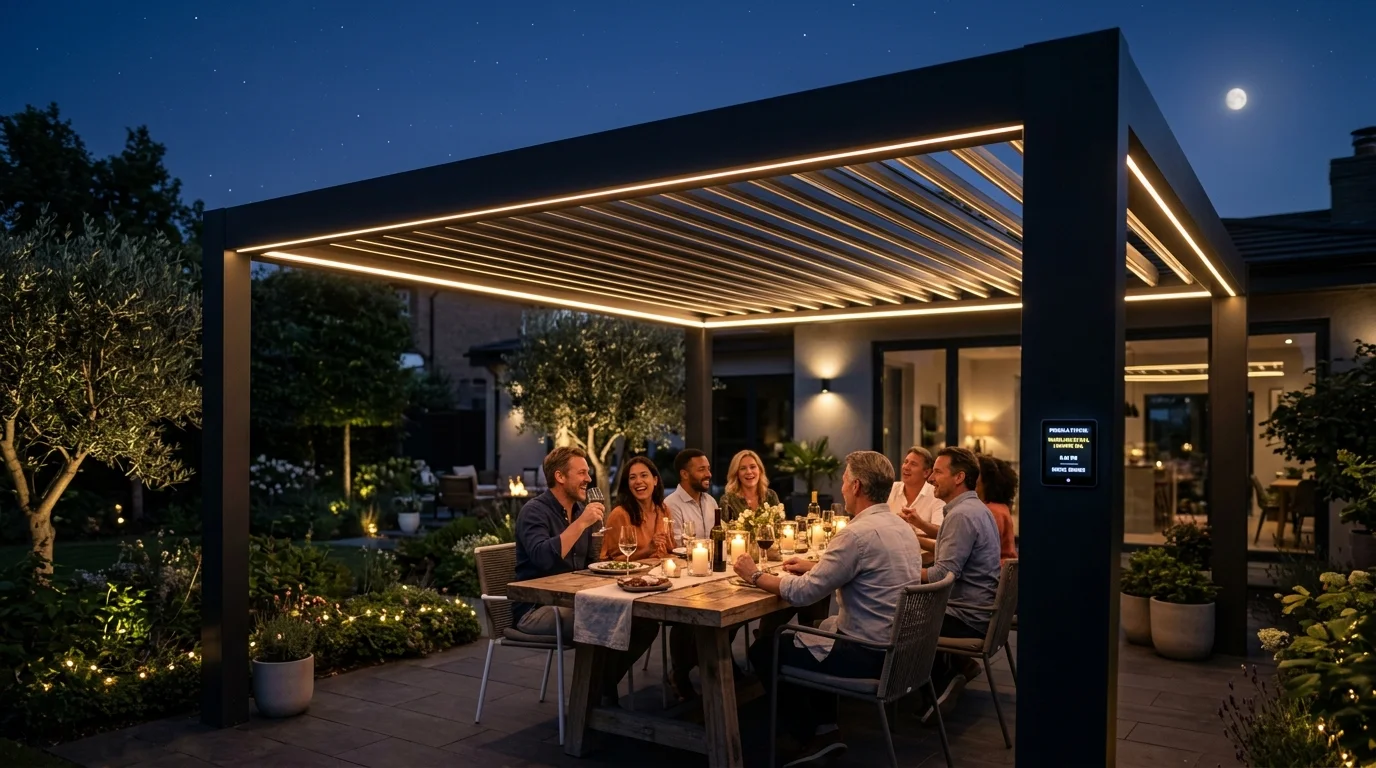 A smart pergola with LED lighting for evening outdoor living.
