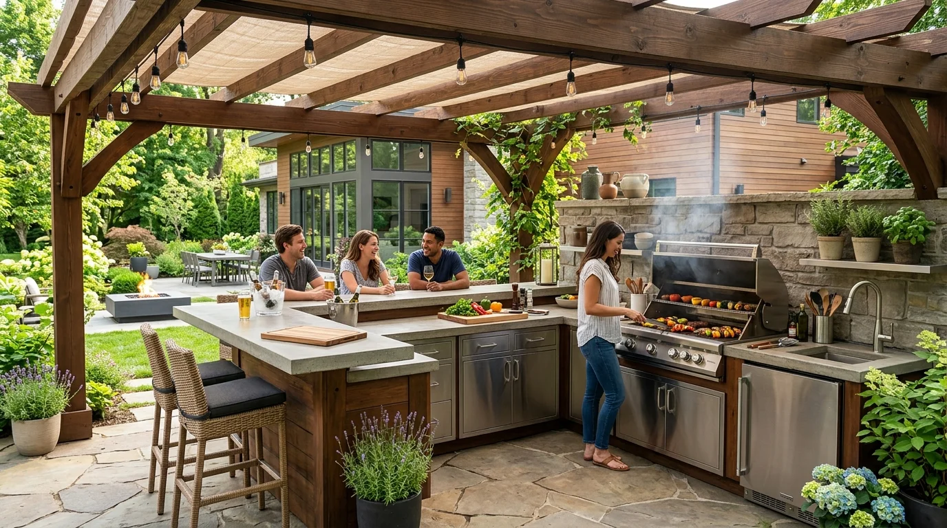 A pergola integrated with an outdoor kitchen for stylish entertaining.