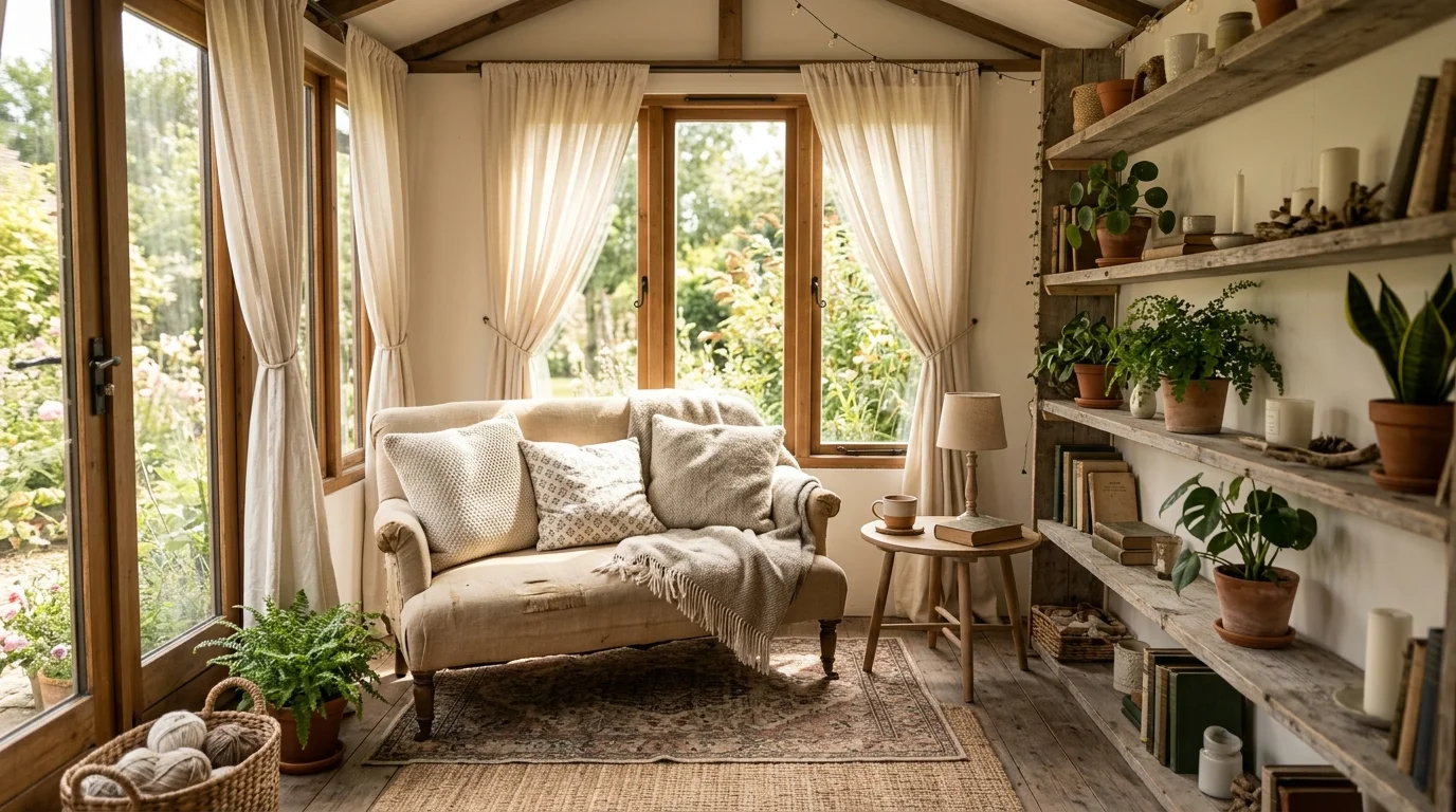 A cozy she shed interior set up as a garden retreat.