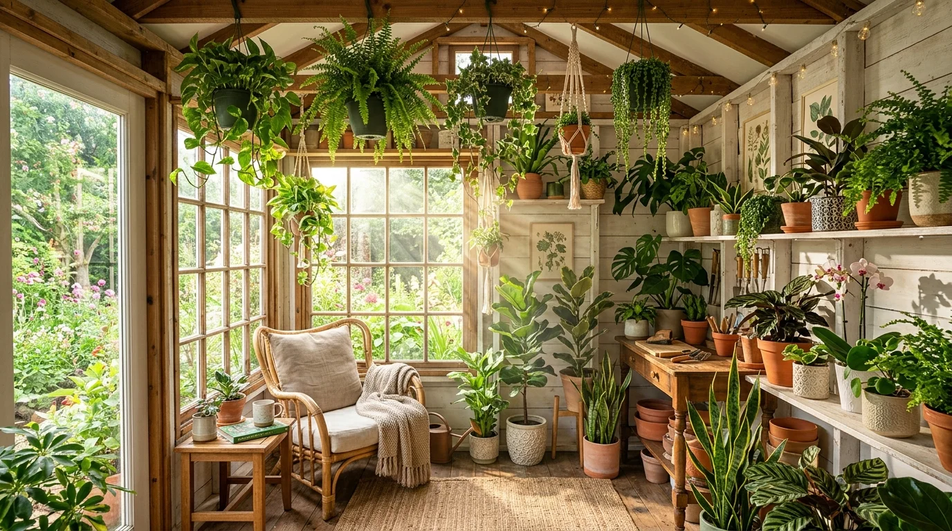 A green plant haven inside a she shed.