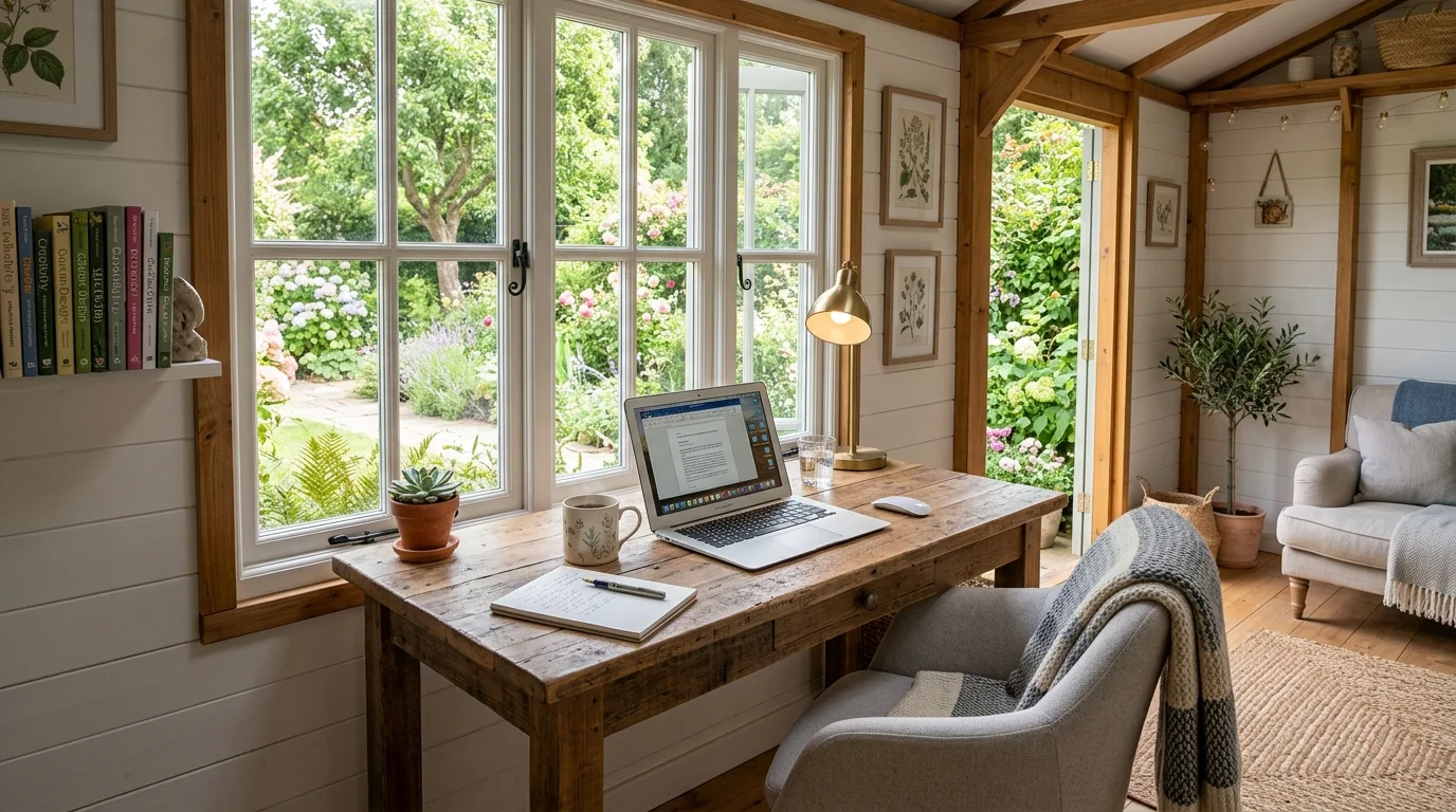 A workspace retreat inside a she shed.
