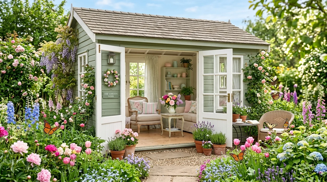 Seasonal spring decor styled inside a she shed.