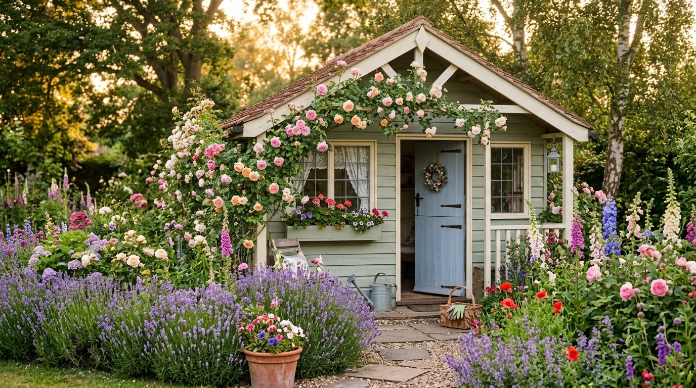 A she shed with floral exterior charm.