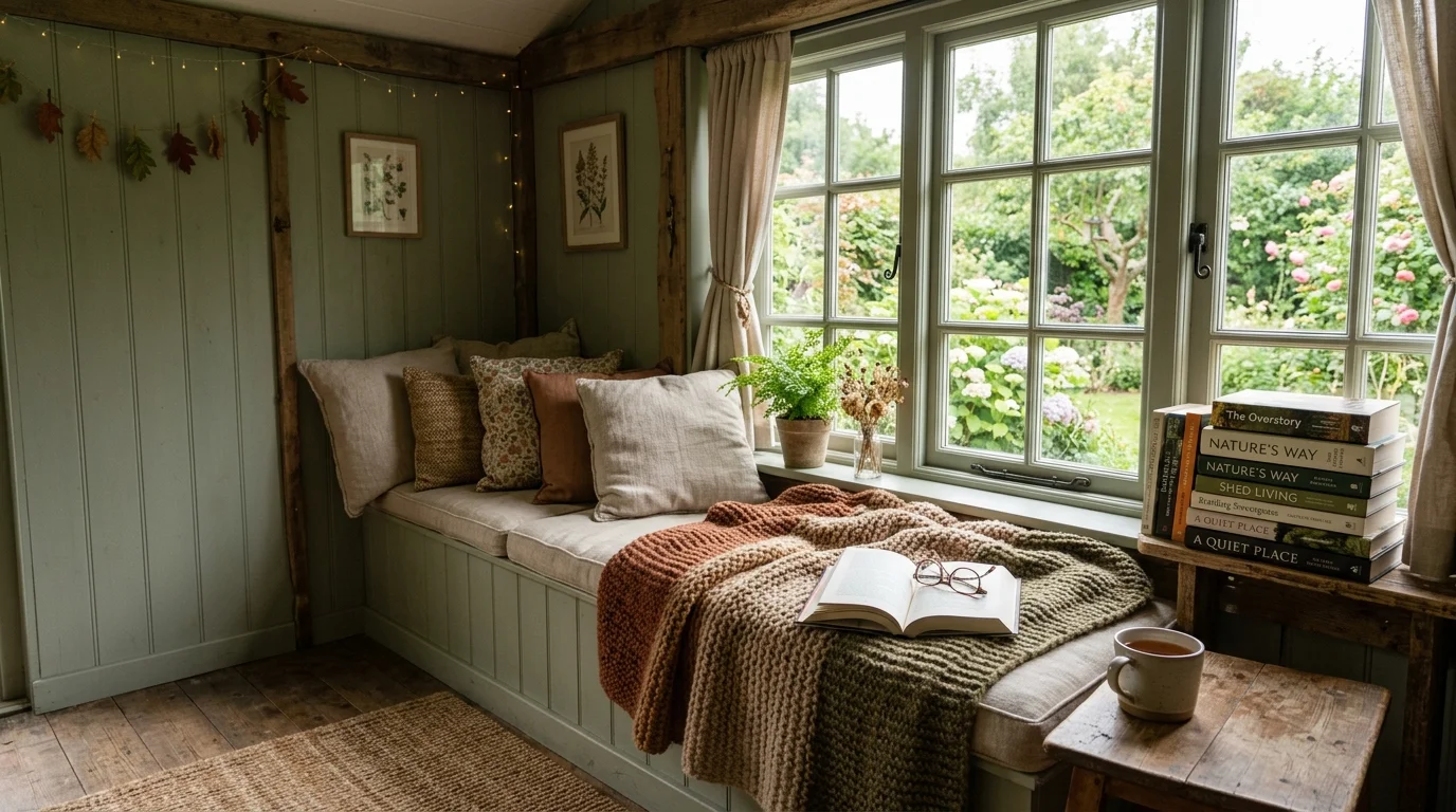 A reading nook styled inside a she shed.