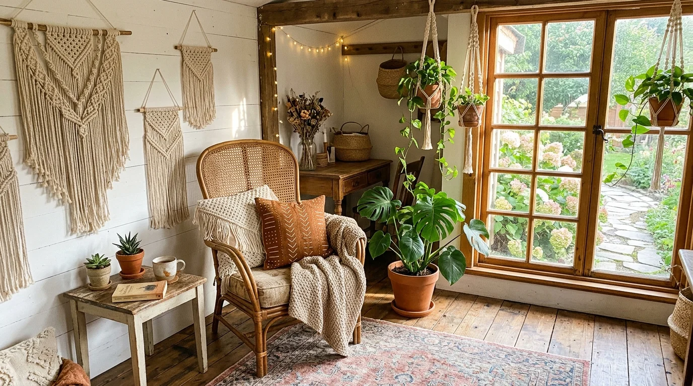 A boho style decor setup in a she shed.