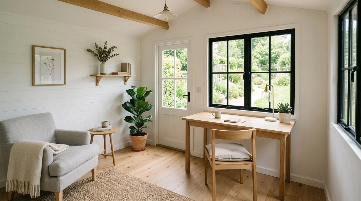 A minimalist retreat inside a she shed.